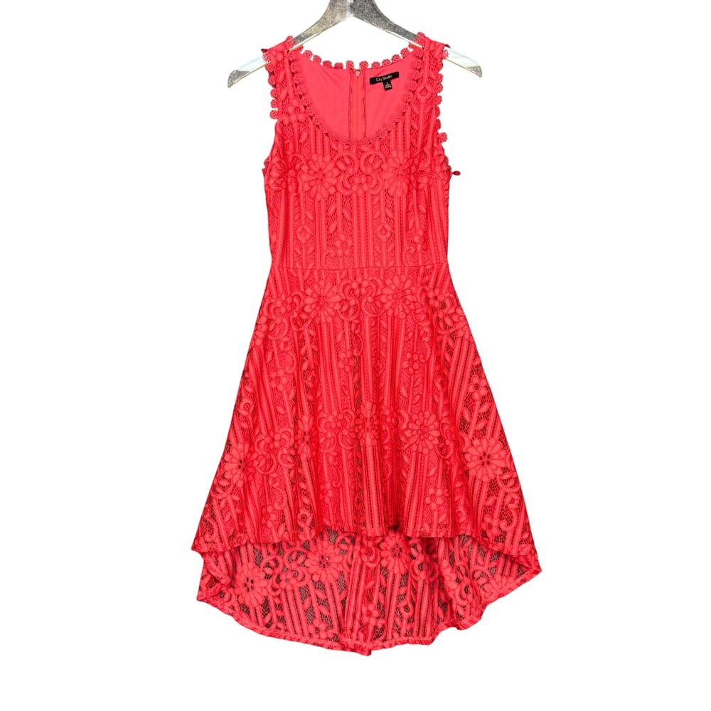City Studio Dress Junior 3 Coral Pink Floral Lace Sleeveless High-Low Scoop Neck